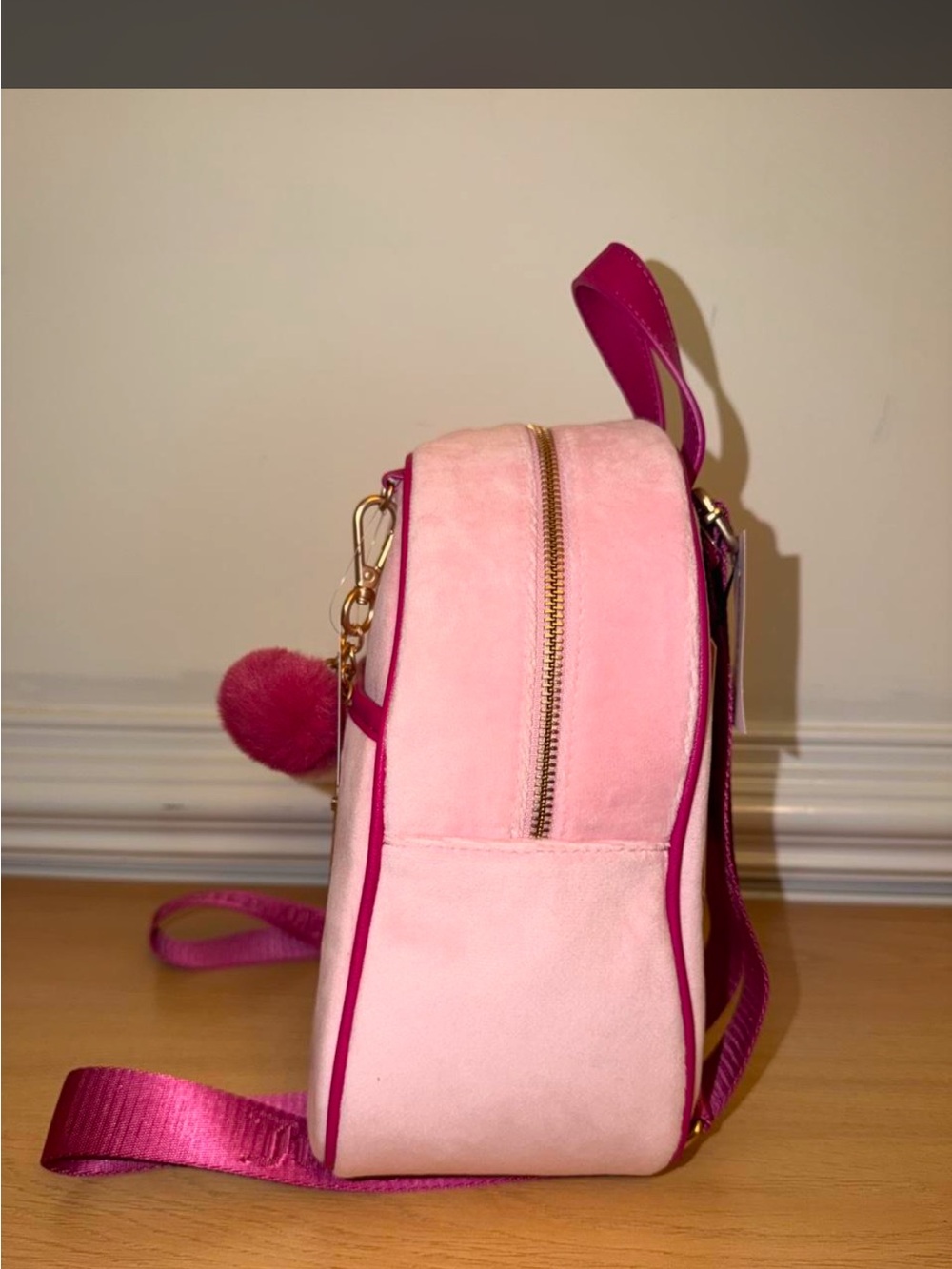 Juicy Couture Pink Velvet Kids Mini Backpack with Pom Charm - Picture 2 of 9